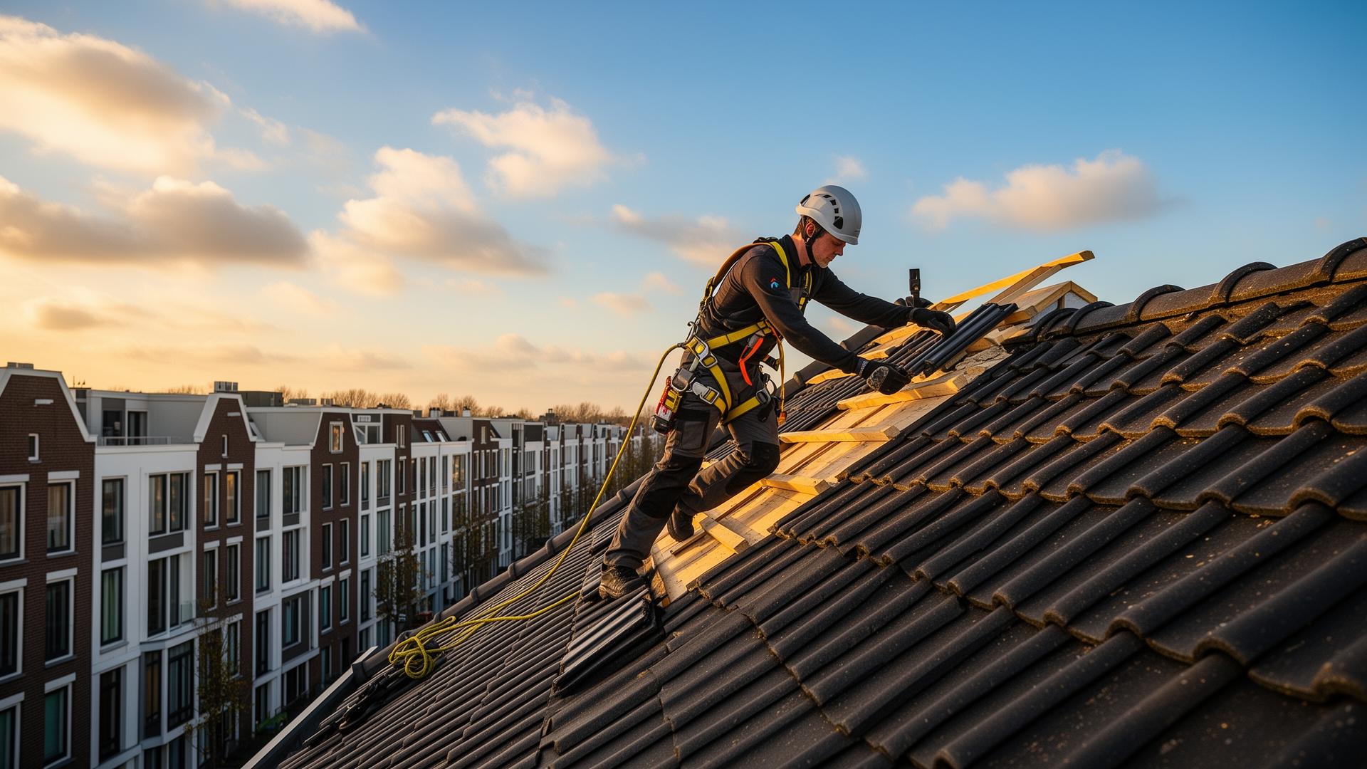 Dakdekker uit Rotterdam aan het werk op een hellend dak met nieuwe dakpannen